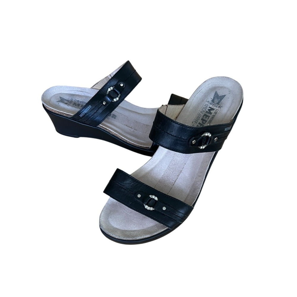 Mephisto Air Relax Womens Size US 9 Naiade Black Leather Wedge Sandals Shoes 39